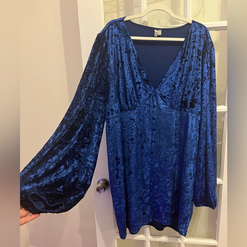 ASOS Curve Long Sleeve Blue Velvet Mini Dress